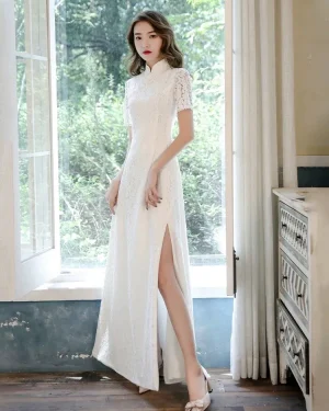 Chinese Cheongsam (Qipao)-Inspired White Lace Wedding Dress