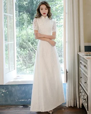 Chinese Cheongsam (Qipao)-Inspired White Lace Wedding Dress