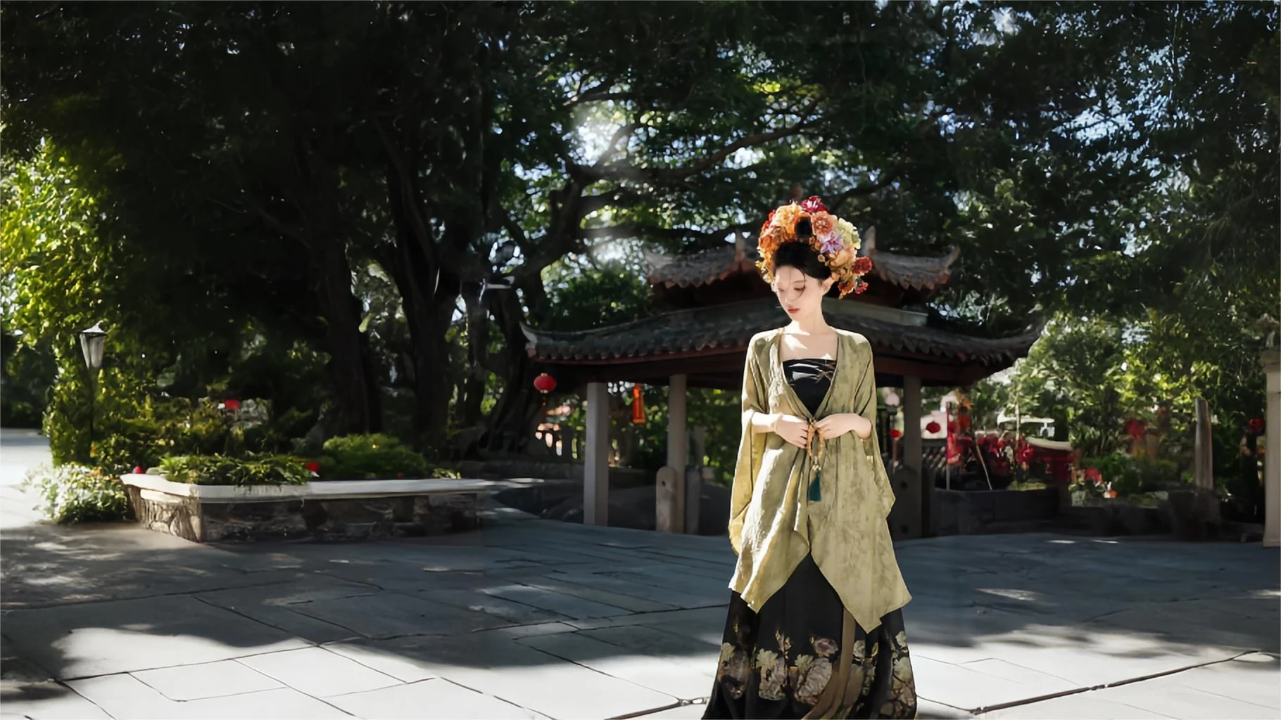 Woman in Tang-style yellow-green hanfu with floral headdress, traditional Tang dynasty costume look in a garden setting