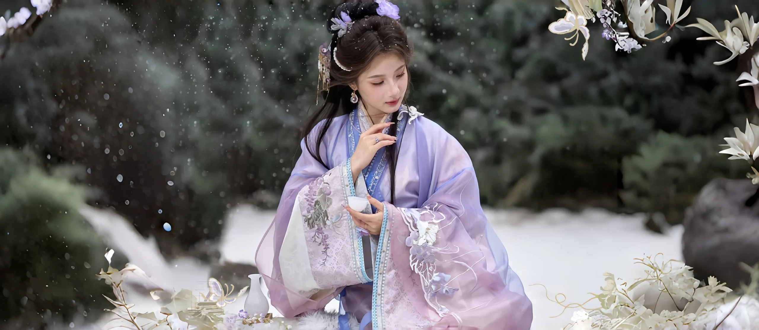 Elegant woman in traditional purple hanfu, holding teacup in a snow scene, showcasing the graceful texture of traditional Chinese clothing